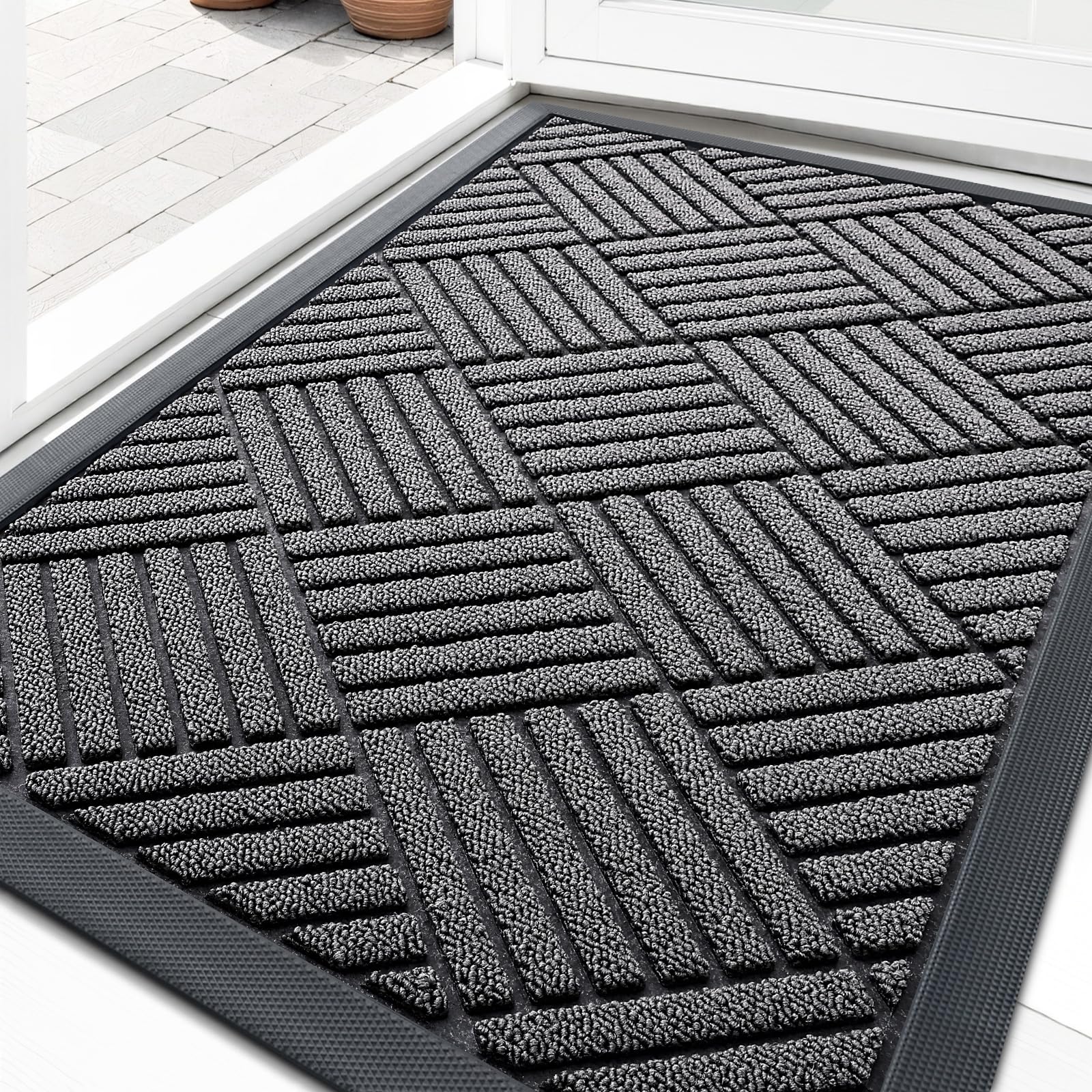 OLANLY front door mat with natural rubber backing provides secure placement and floor protection.