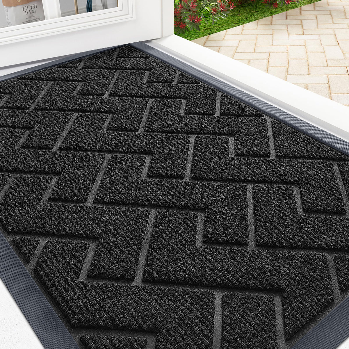 OLANLY front door mat with natural rubber backing for all-weather durability.