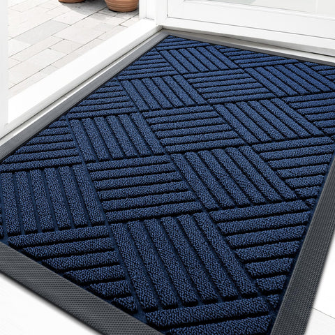 OLANLY navy blue diamond front door mat top view for a compact, non-slip entry.