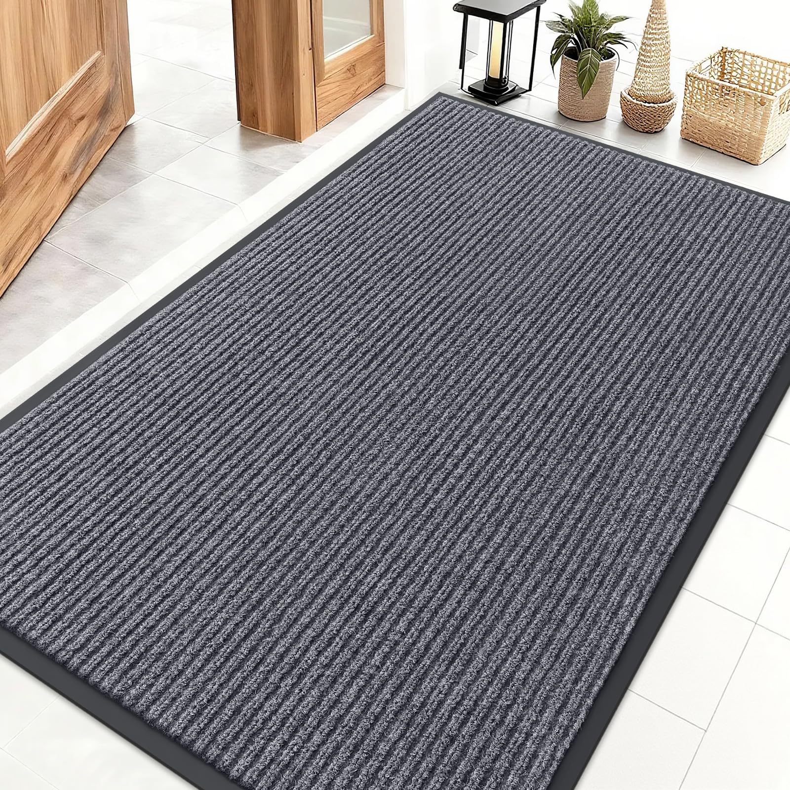 OLANLY front door mat with stripe pattern traps dirt at the entry for cleaner floors.