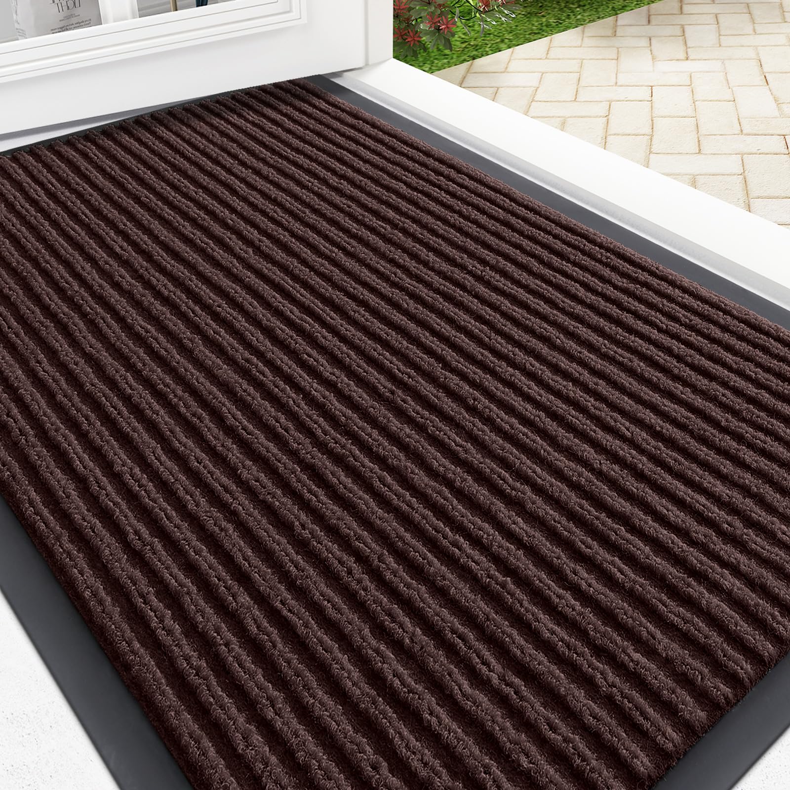 OLANLY front door mat with a stripe pattern traps dirt and welcomes guests
