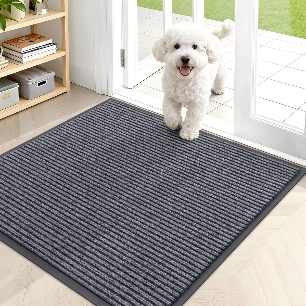 OLANLY front door mat with striped pattern traps dirt and keeps floors clean.