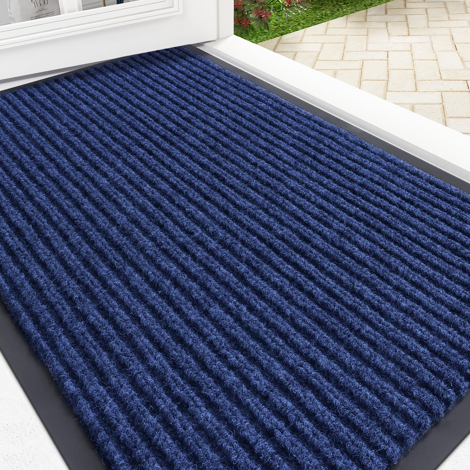 OLANLY front door mat with striped pattern captures dirt and guides feet indoors.