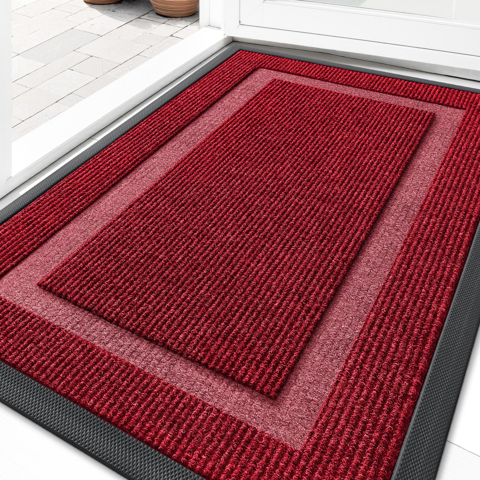OLANLY front door mat in wine red texture for durable indoor-outdoor use.