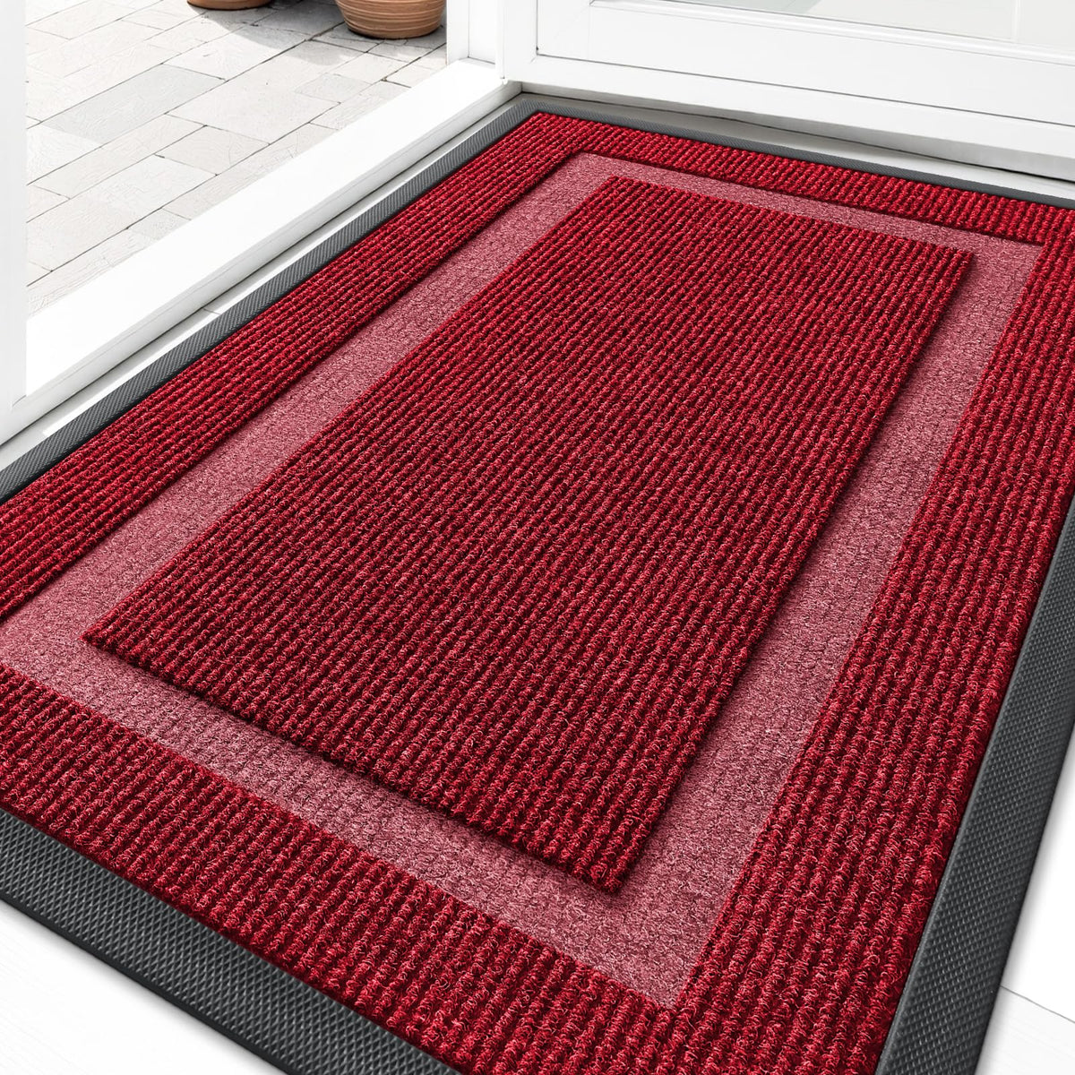 OLANLY front door mat in wine red texture for durable indoor-outdoor use.