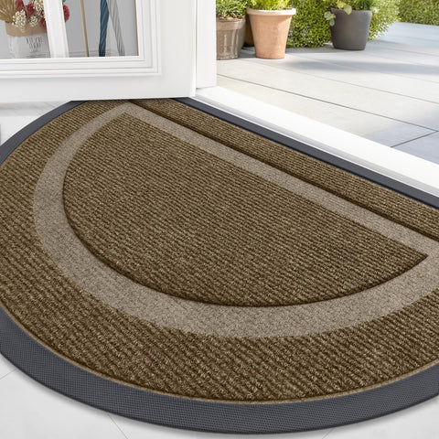 OLANLY half-circle door mat in brown with low profile at entry.