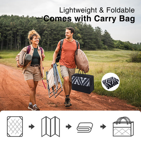 OLANLY lightweight outdoor rug folds for easy transport on trips.