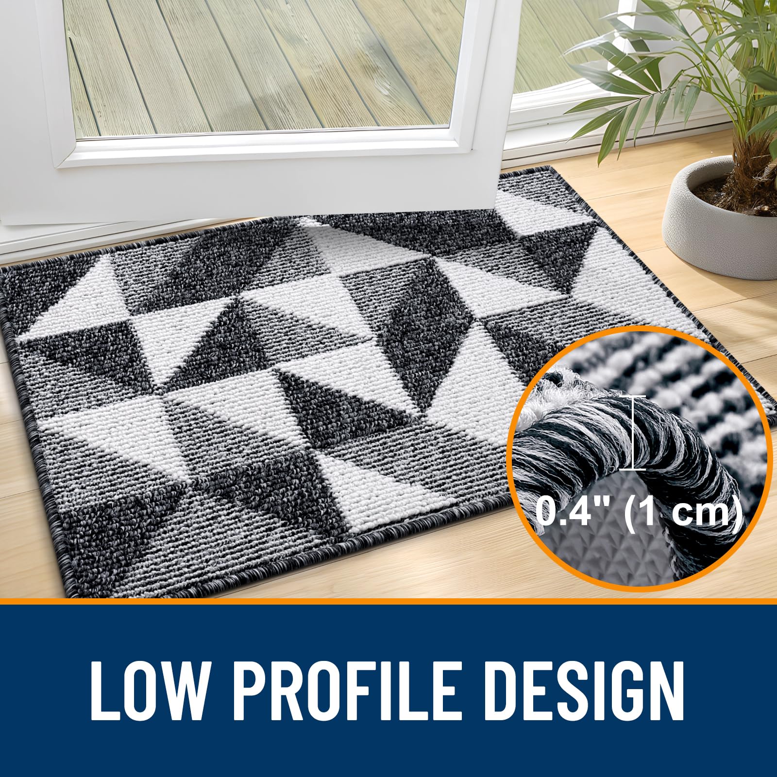 OLANLY low-profile door mat fits under doors without snagging.