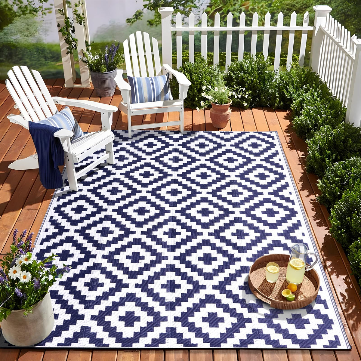 OLANLY Outdoor Rug 5x8 navy white pattern, durable for patios and decks.