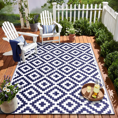 OLANLY Outdoor Rug 5x8 navy white pattern, durable for patios and decks.