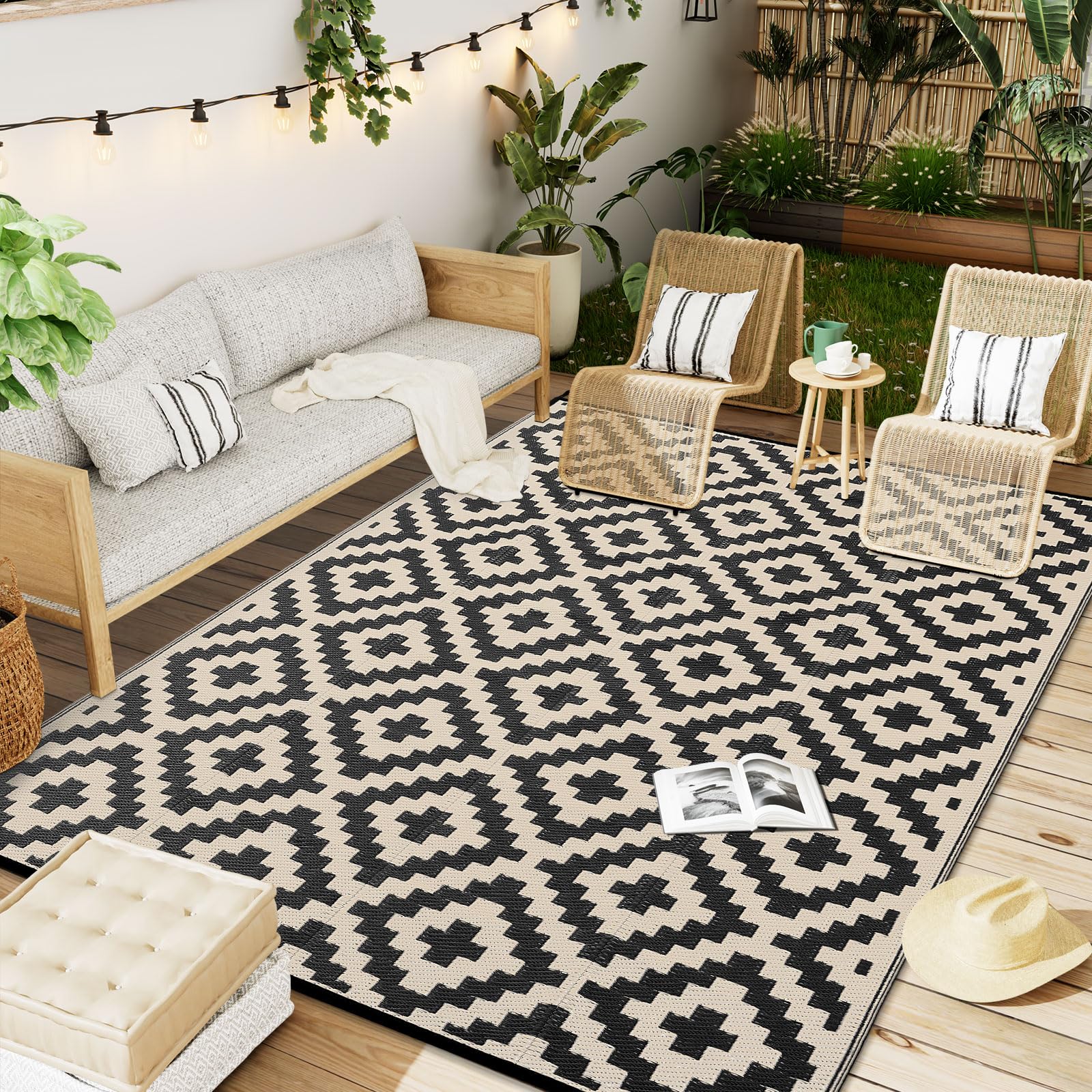 OLANLY outdoor rug 6x9 with geometric pattern enhances porch style and durability.