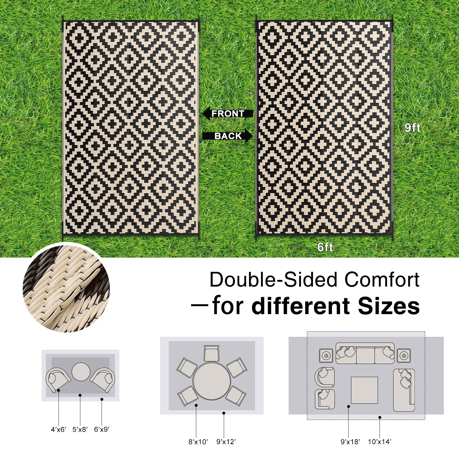 OLANLY outdoor rug folded for storage demonstrates portability and compact packaging.