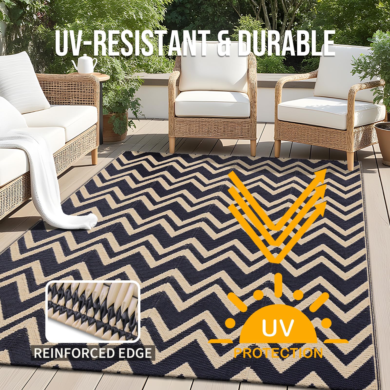 OLANLY outdoor rug displayed on patio with furniture, demonstrating versatile indoor-outdoor use.