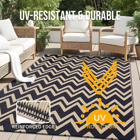 OLANLY outdoor rug displayed on patio with furniture, demonstrating versatile indoor-outdoor use.