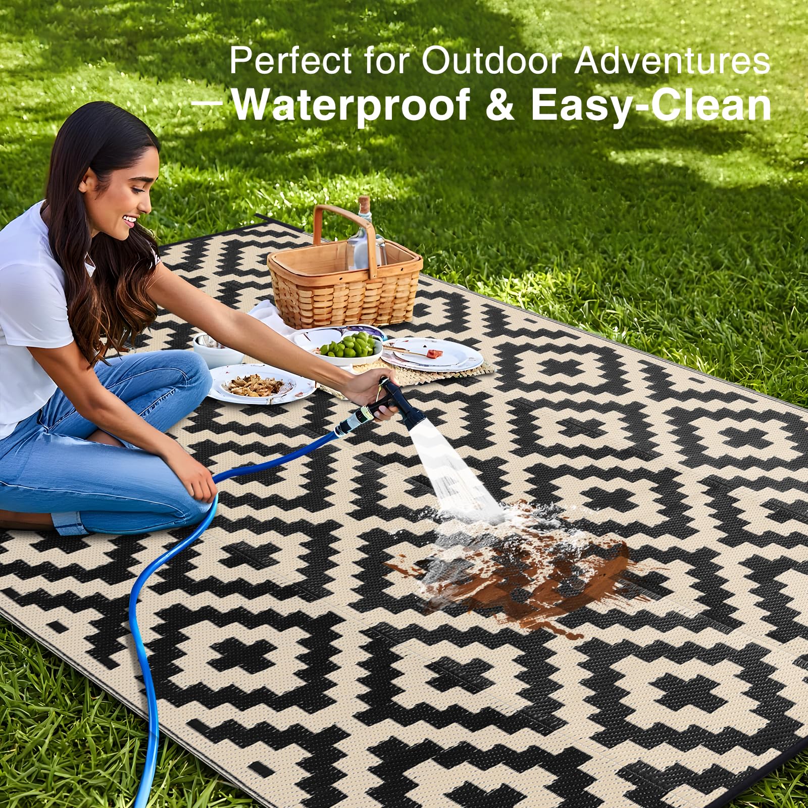OLANLY rug on a porch deck shows quick-dry, stain-resistant performance outdoors.