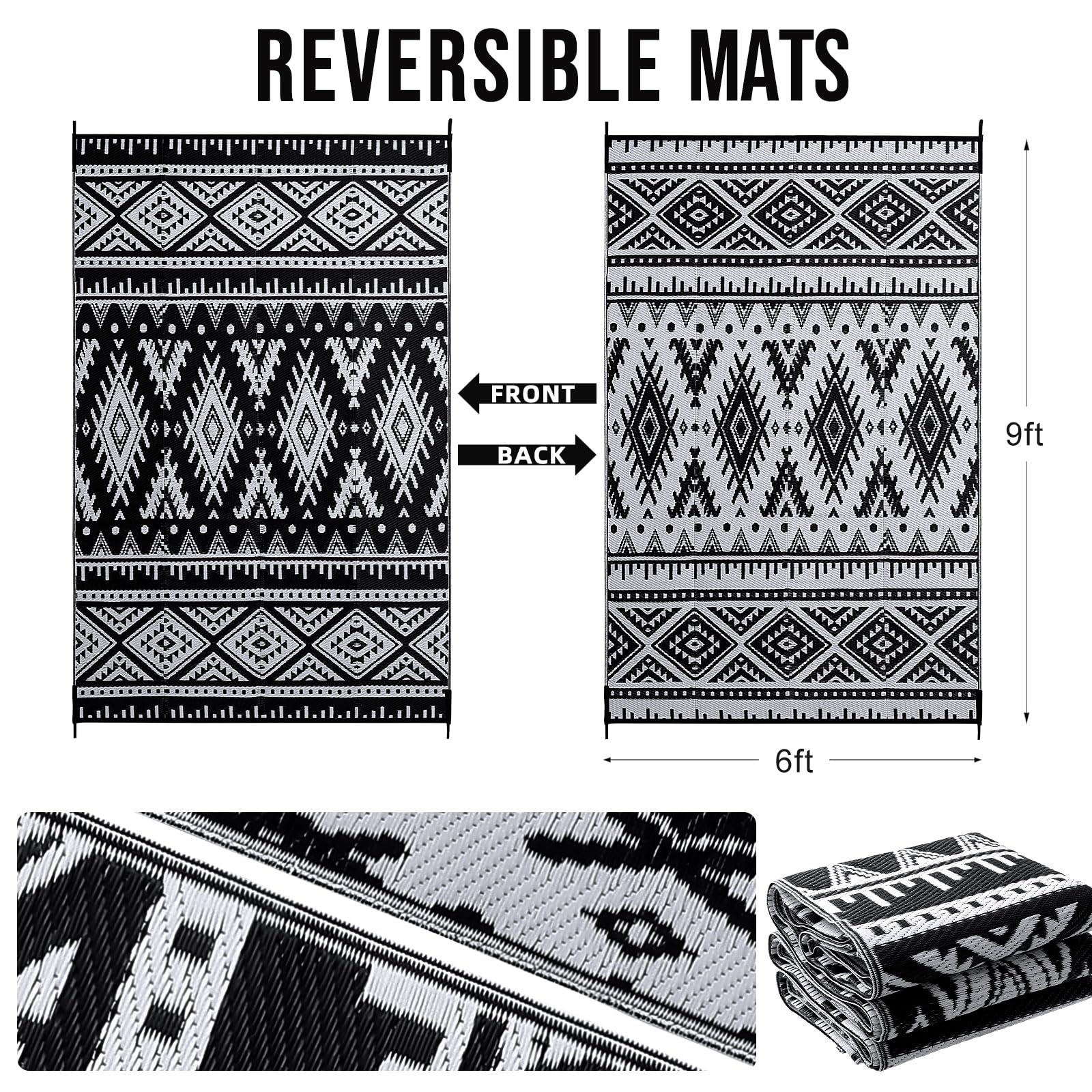 OLANLY reversible geometric-pattern rug offers two looks for versatile outdoor styling.