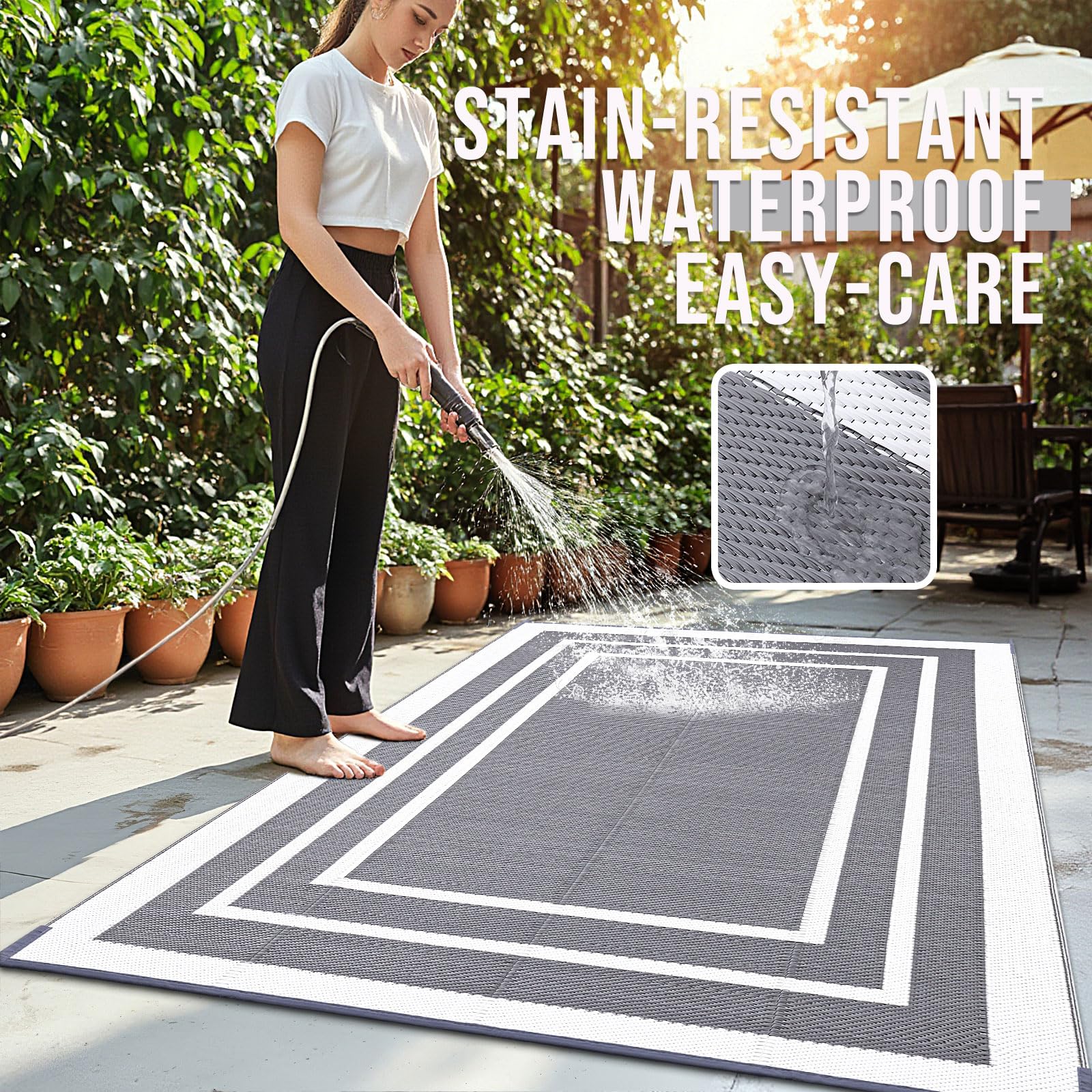 OLANLY Outdoor Rug stain-resistant surface promotes quick cleaning after use.