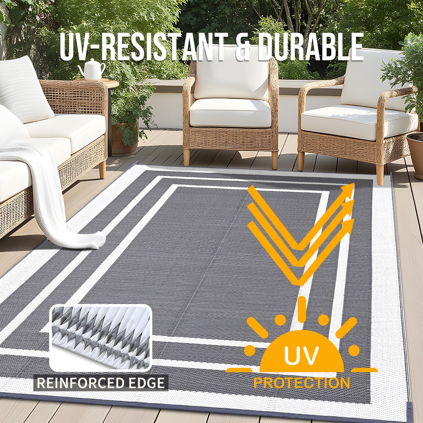 OLANLY Outdoor Rug UV-coated fabric preserves color in sunlight for outdoor longevity.
