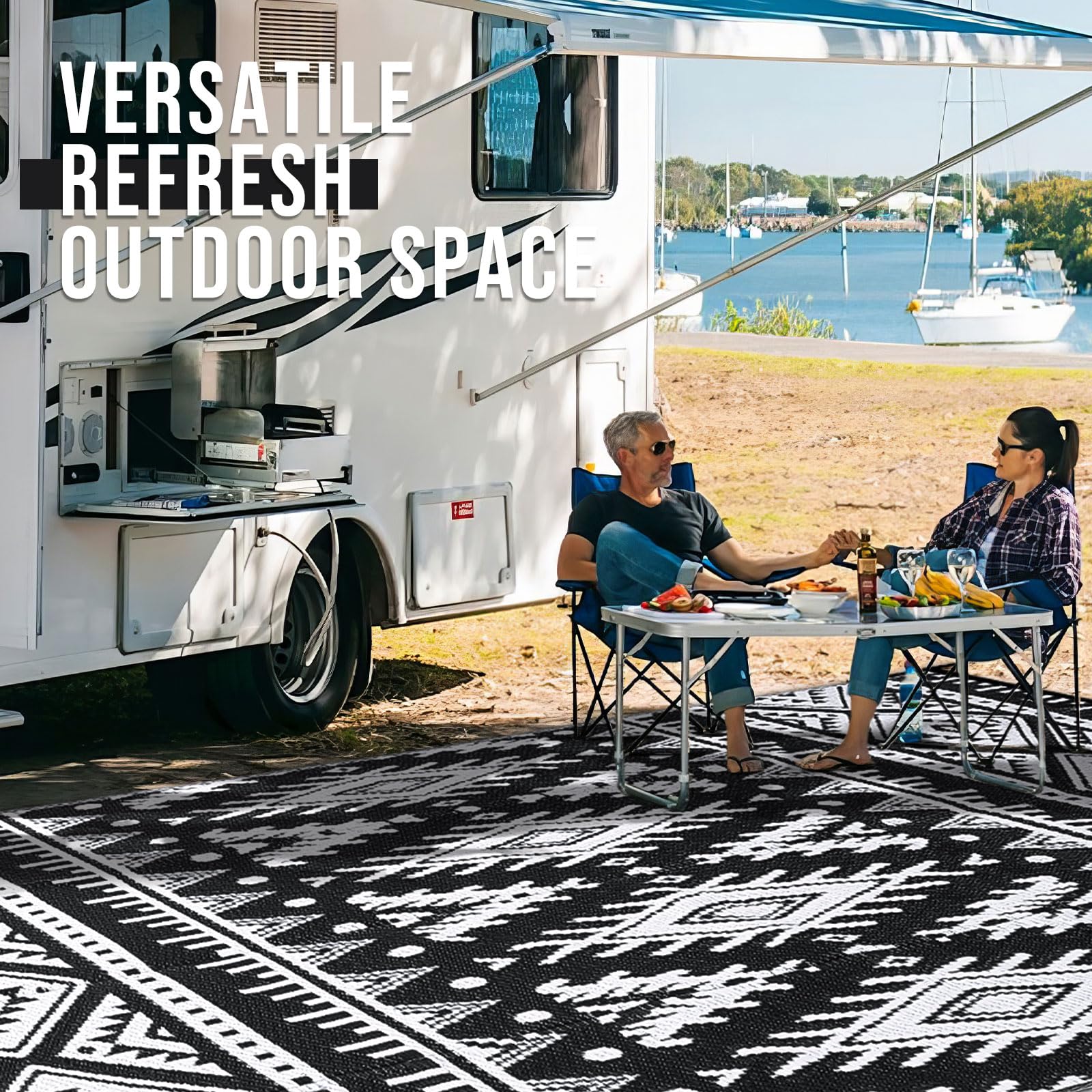 OLANLY rug offers UV protection and reinforced edges for busy decks.