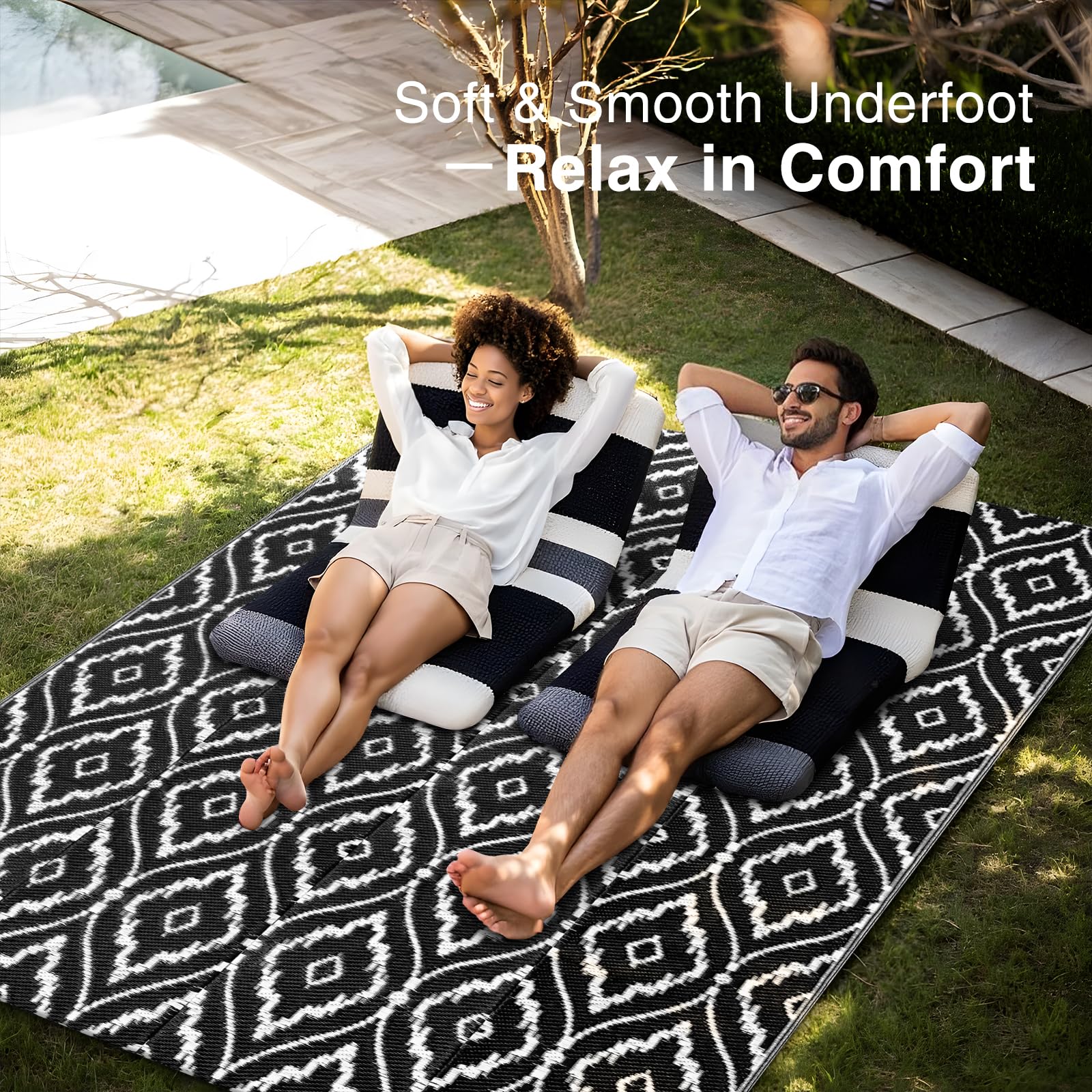 OLANLY outdoor rug with UV protection resists color fading in sunlight.