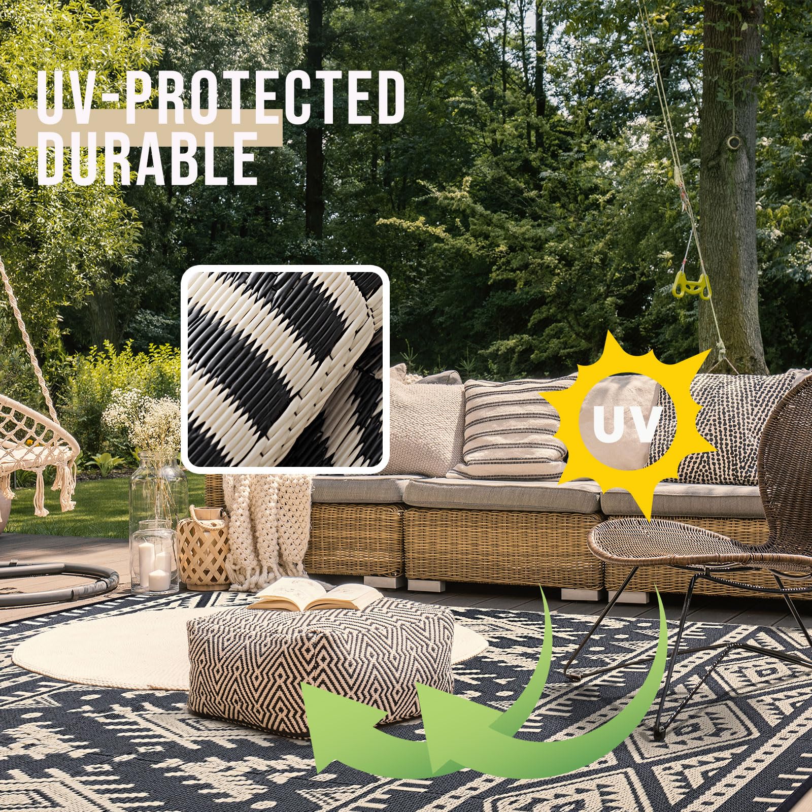 OLANLY outdoor rug with carry bag for easy packing and transport.