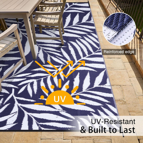 OLANLY patio rug in navy and white complements decks and outdoor seating