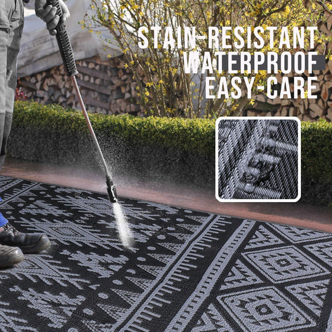 OLANLY patio rug geometric pattern highlights versatile use on balcony, deck.