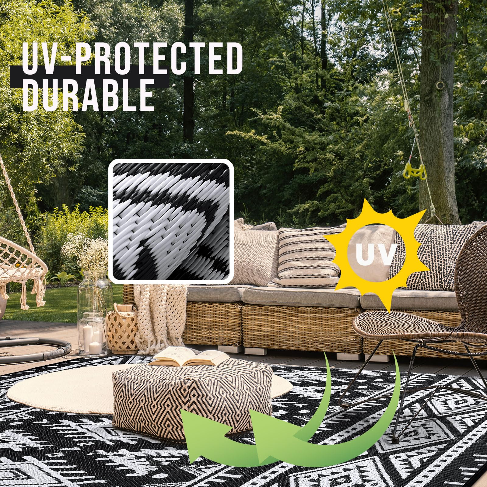 OLANLY lightweight rug is easy to carry and set up on balconies.