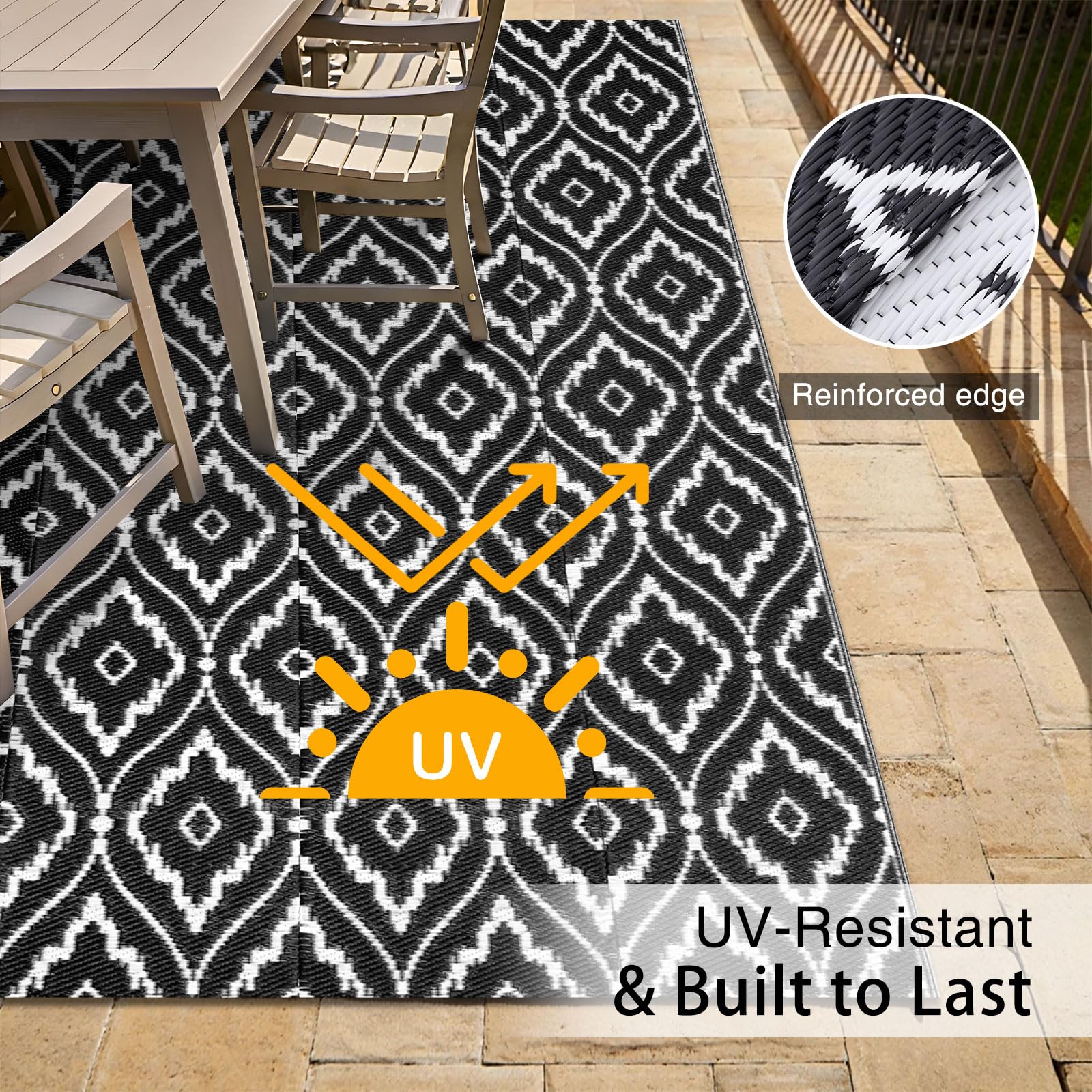 OLANLY patio rug with reversible design adds two looks without extra storage.