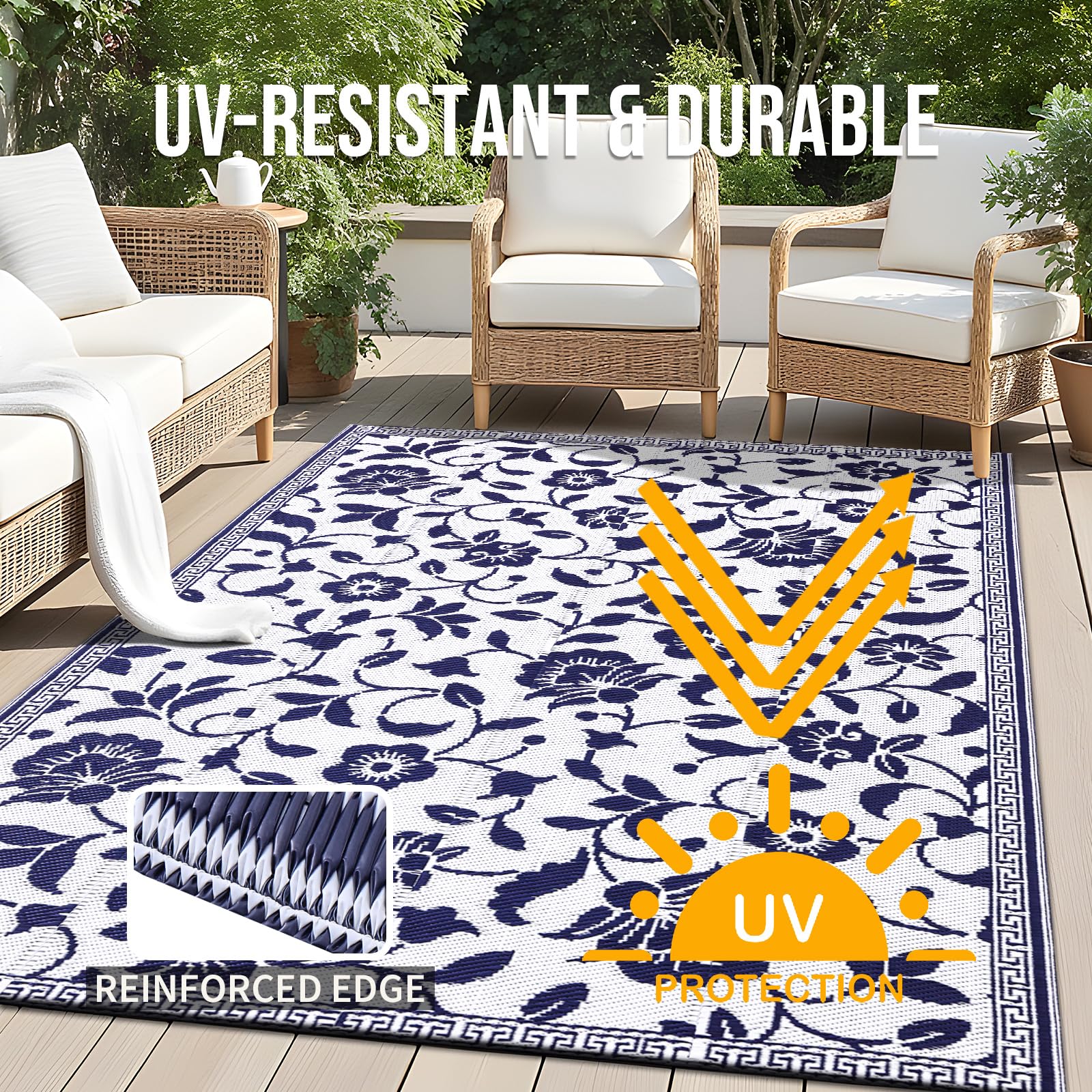 OLANLY quick-drying, stain-resistant rug simplifies outdoor cleanup.