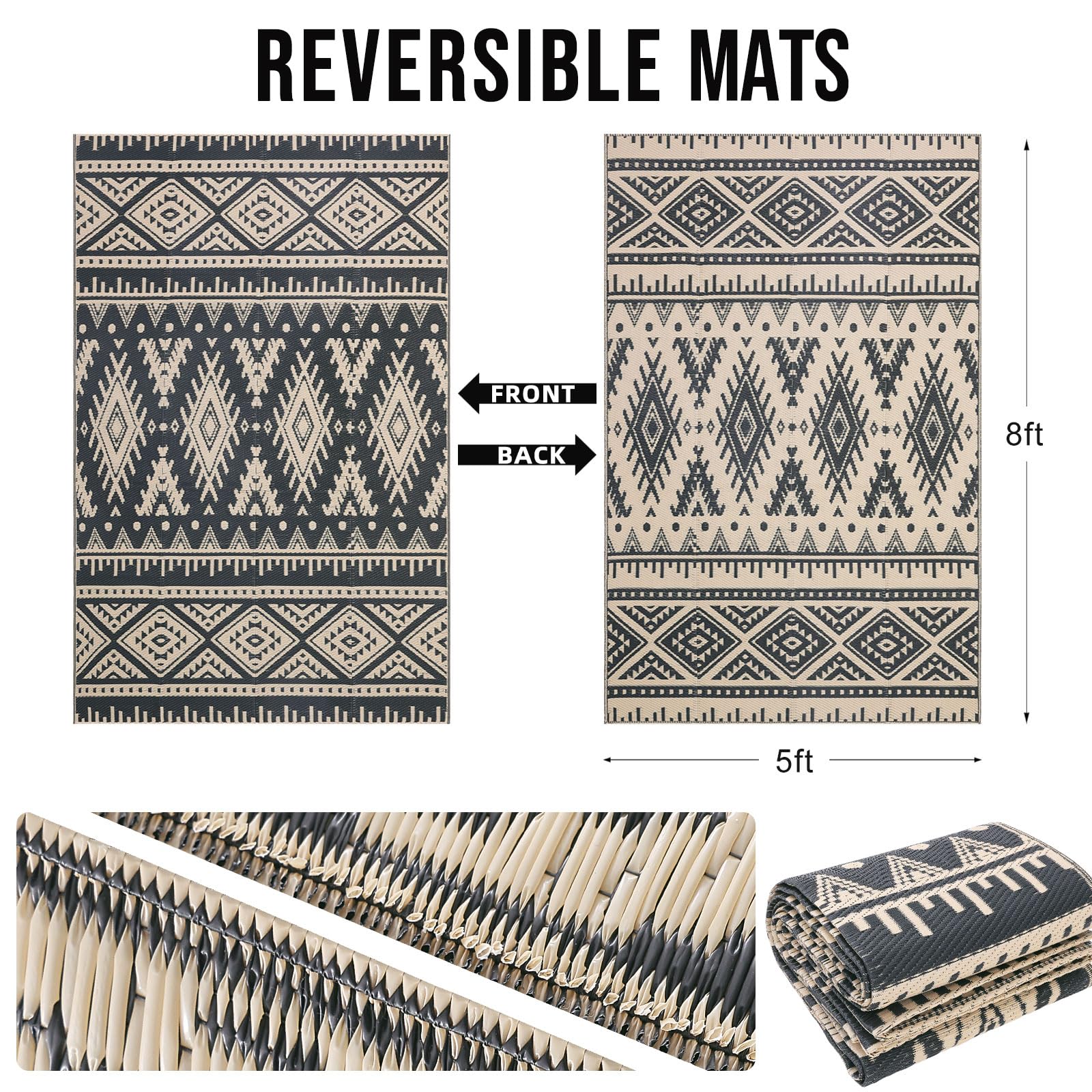 OLANLY reversible boho pattern rug offers two looks for versatile outdoor spaces.