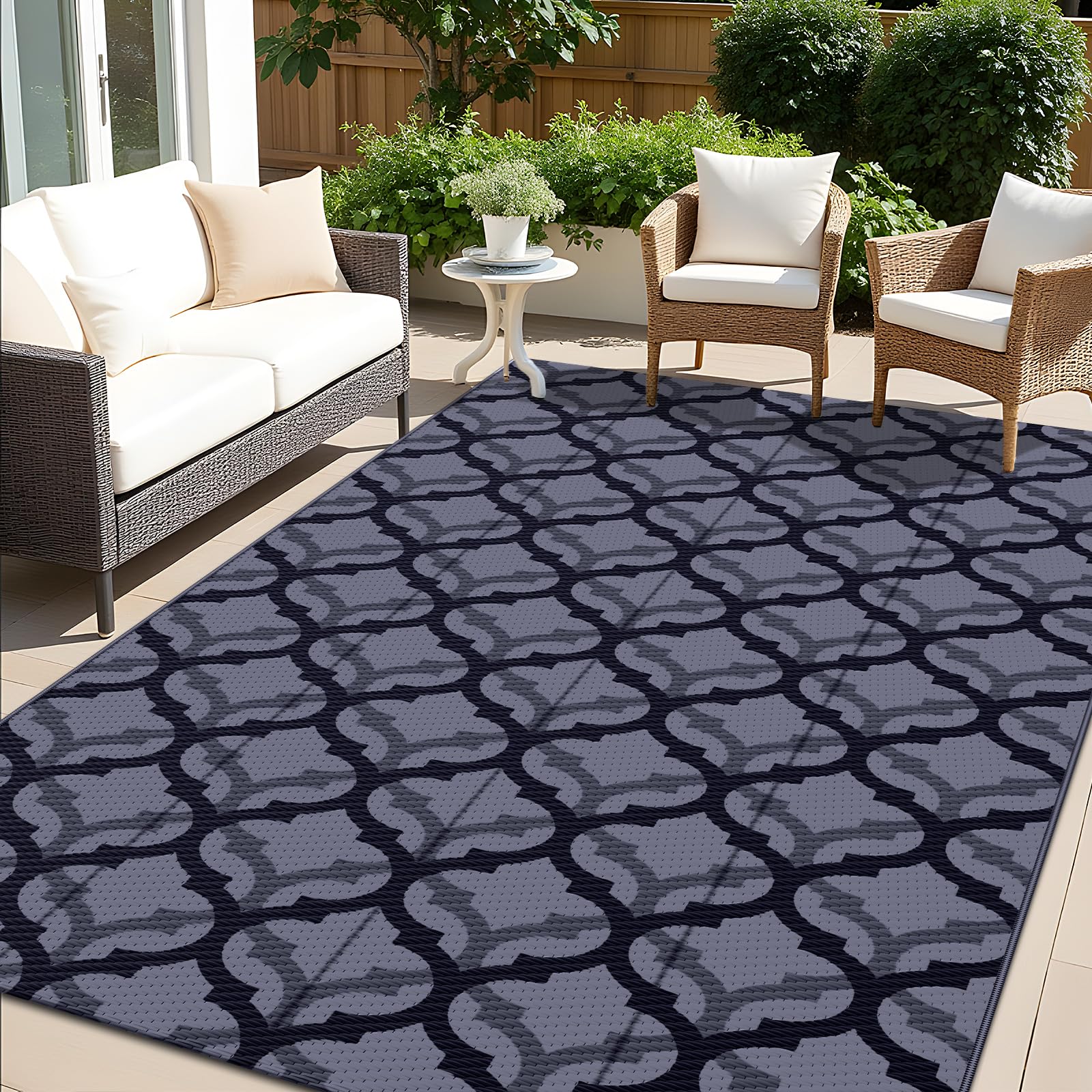 OLANLY reversible outdoor rug 5x8 overview with black and grey tones for patios.
