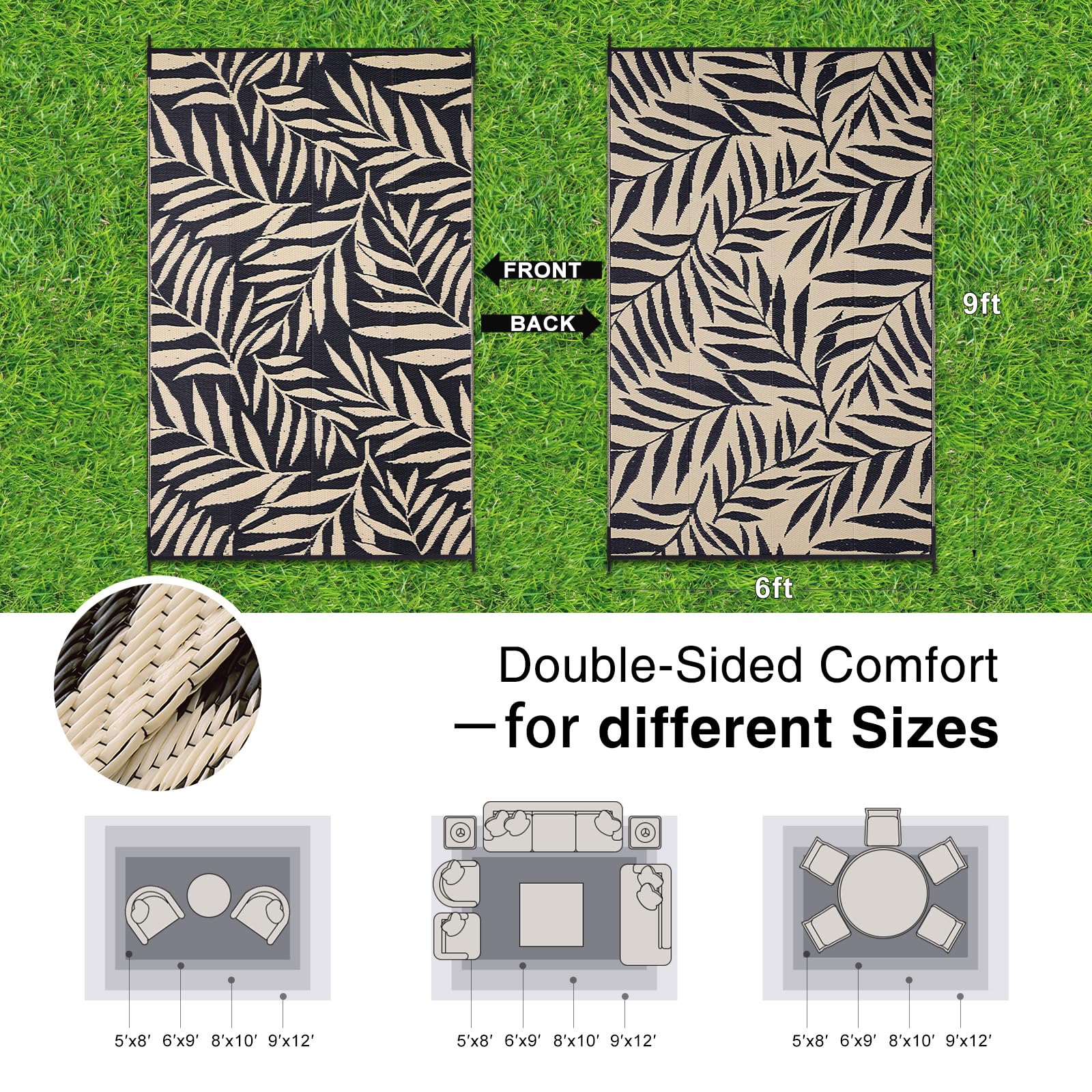 OLANLY reversible outdoor rug with camping-friendly leaf design for versatile spaces.