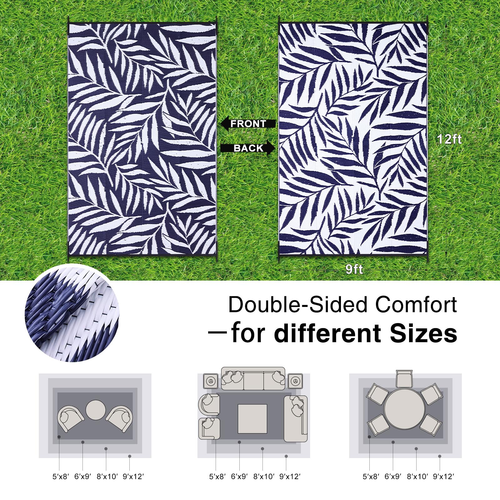 OLANLY reversible outdoor rug with plastic straw texture and leaf design