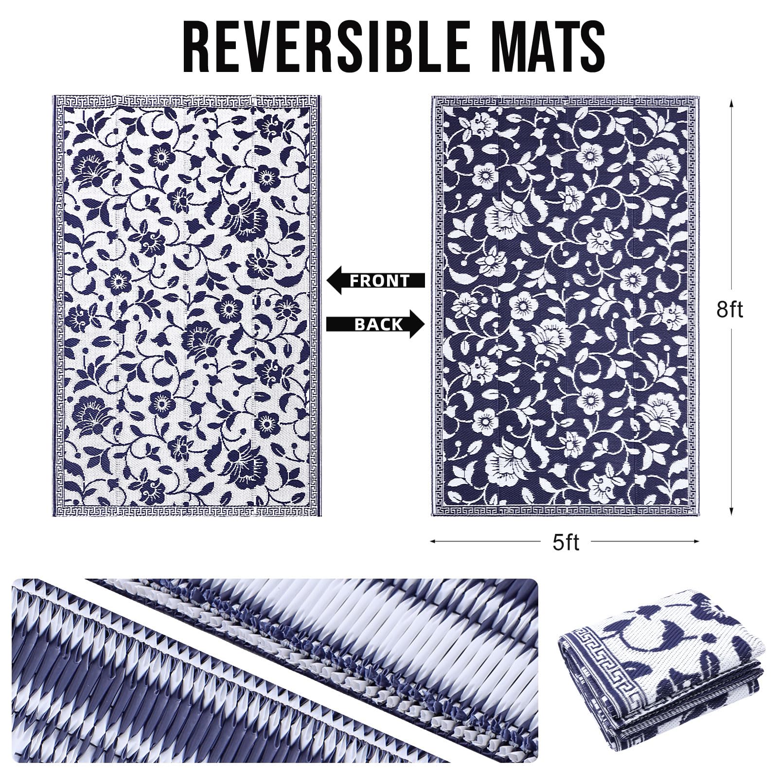OLANLY reversible patio rug shows navy-white florals for adaptable styling.