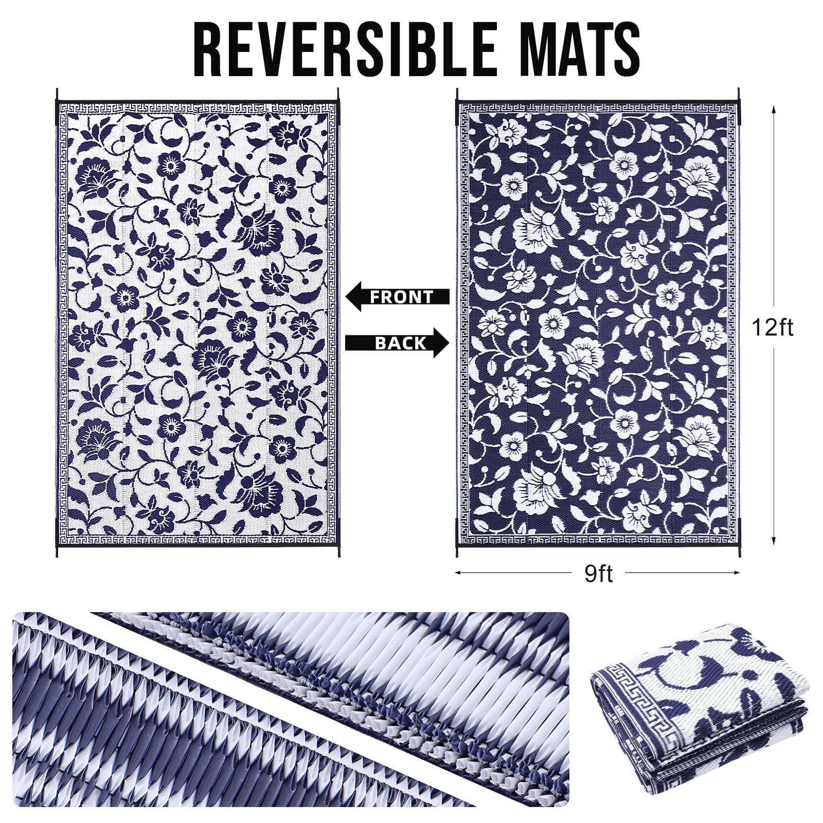 OLANLY reversible patio rug with flower design for two looks outdoors.