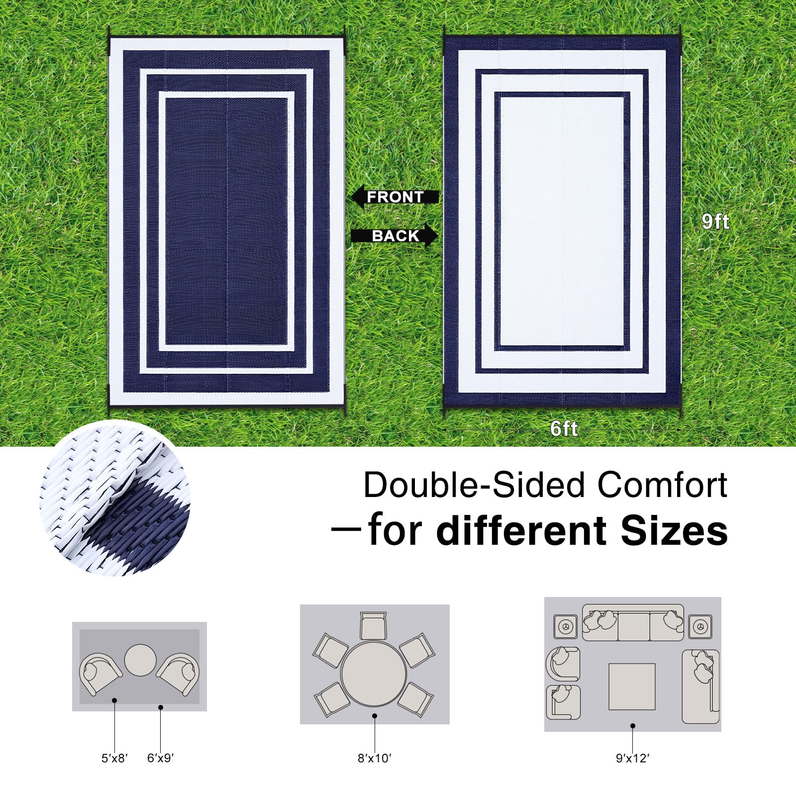 OLANLY reversible rug on a balcony, two looks for versatile outdoor spaces.