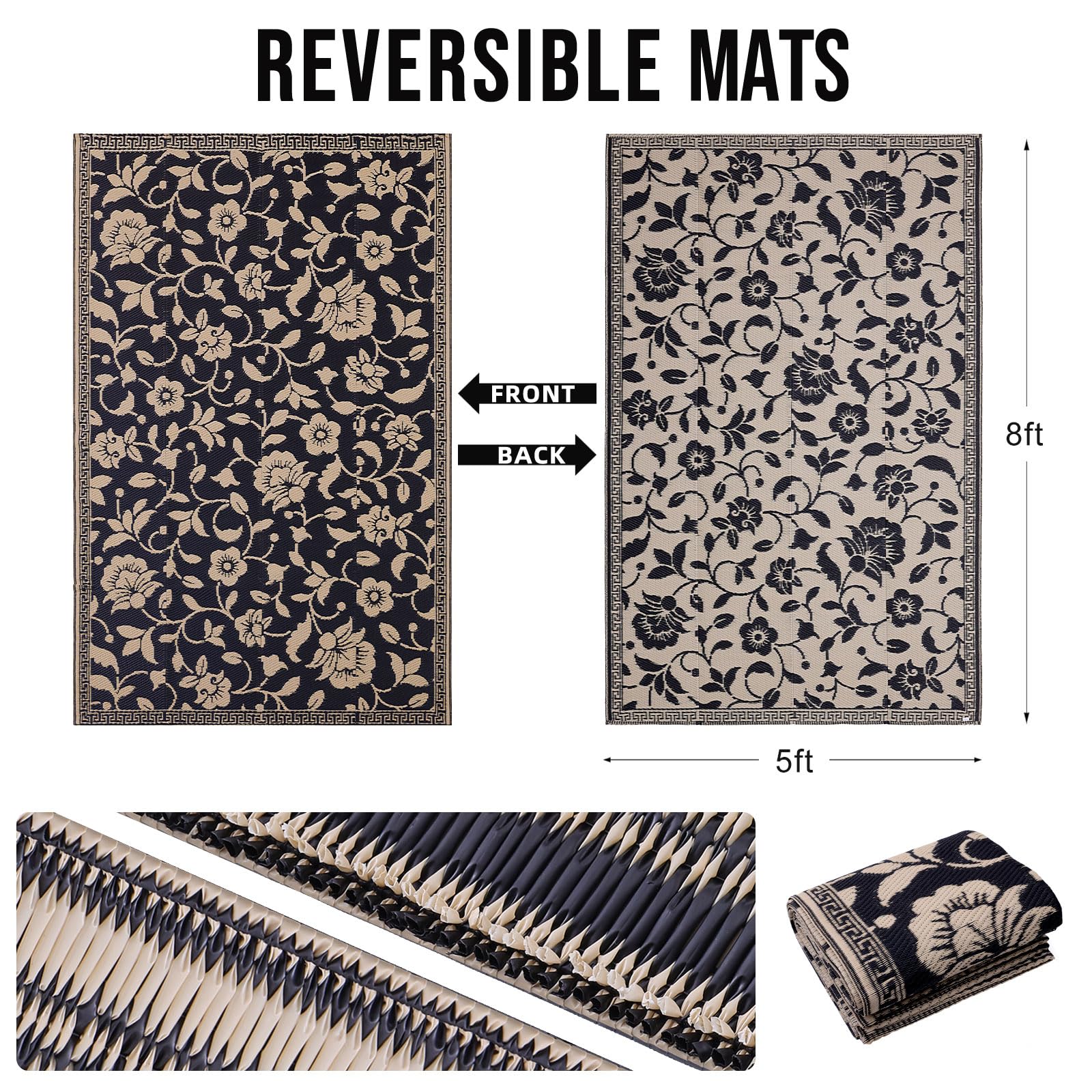 OLANLY reversible RV mat in black and beige for two looks