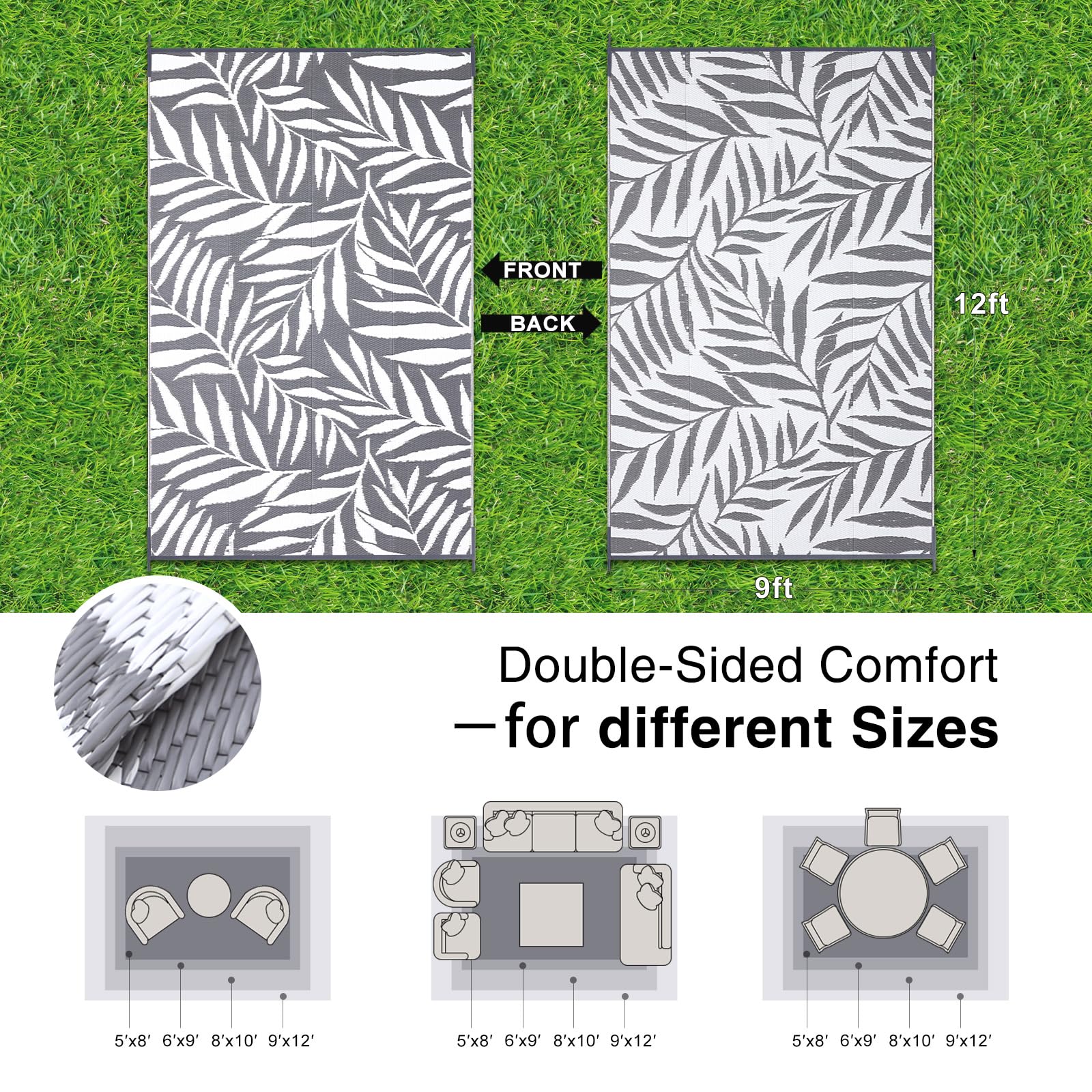 OLANLY reversible leaf-pattern rug offers two-sided styling outdoors.