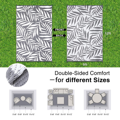 OLANLY reversible leaf-pattern rug offers two-sided styling outdoors.