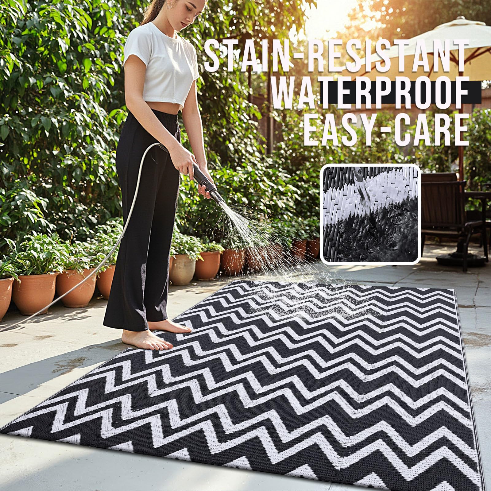 OLANLY stain-resistant waterproof rug for easy outdoor cleanup.