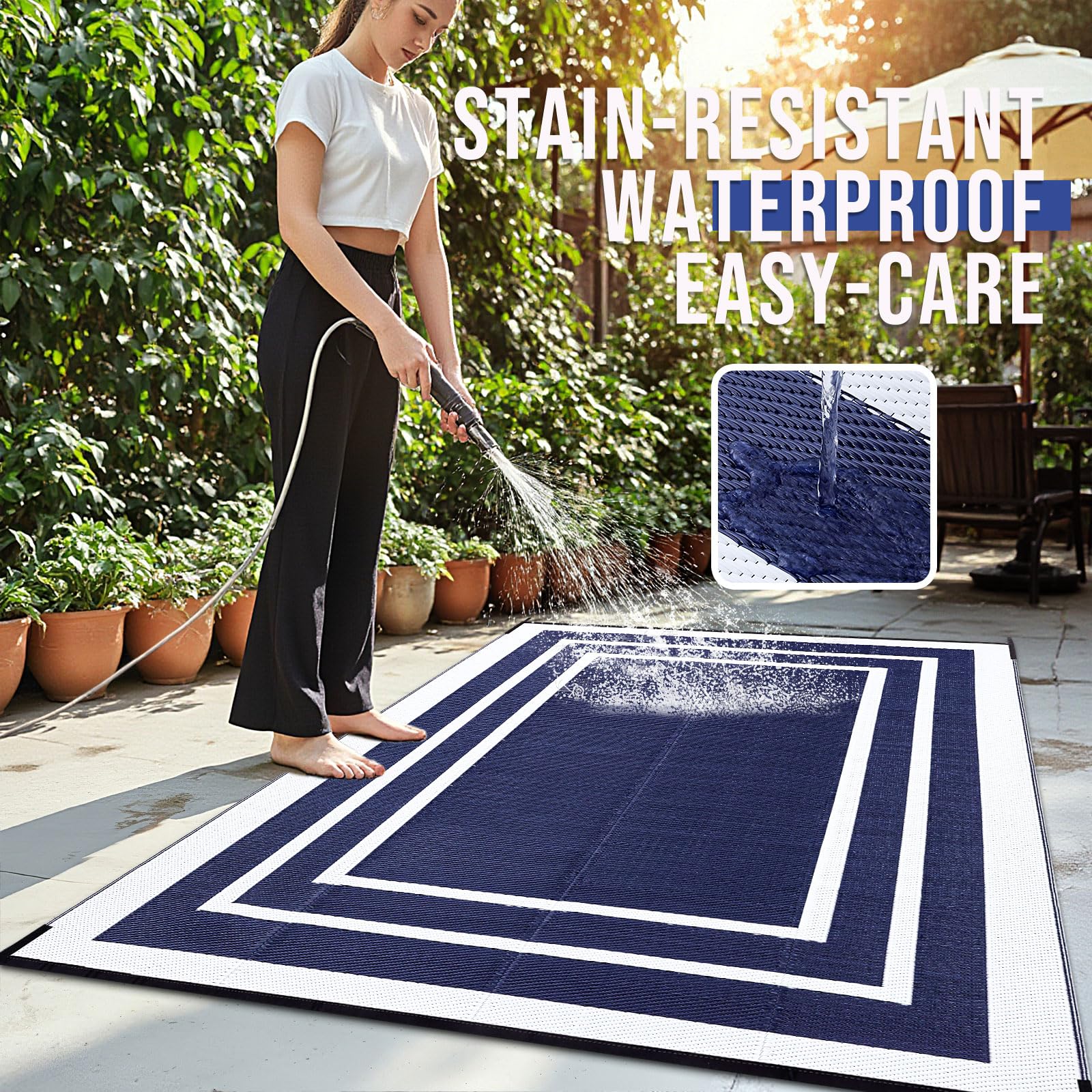 OLANLY RV mat shown outdoors, lightweight for easy transport during trips.