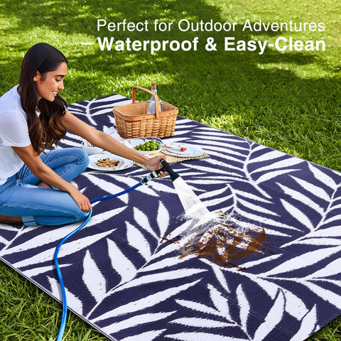 OLANLY RV mat rug in navy and white, durable and portable
