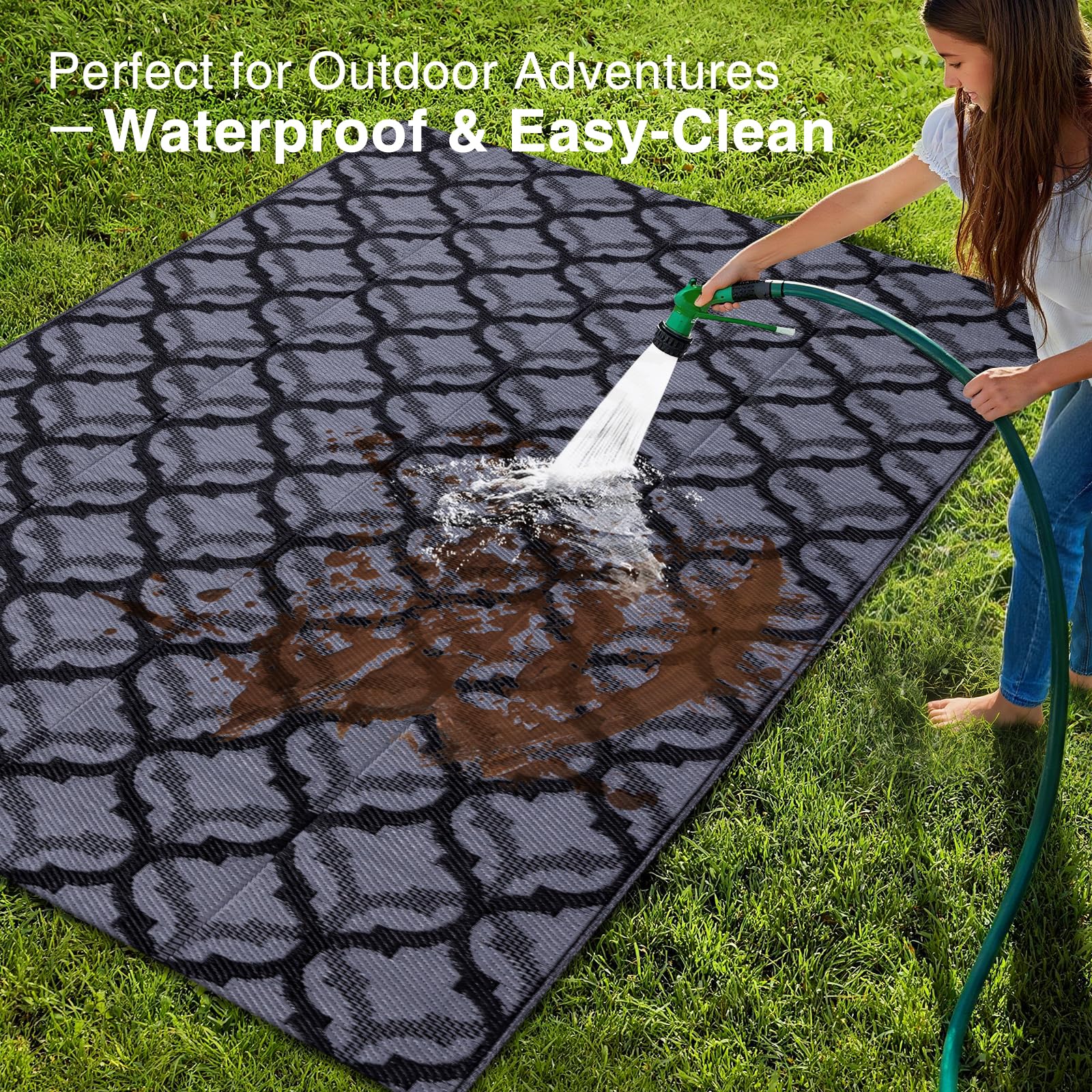 OLANLY outdoor rug in RV or camping setup adds quick-drying comfort underfoot.