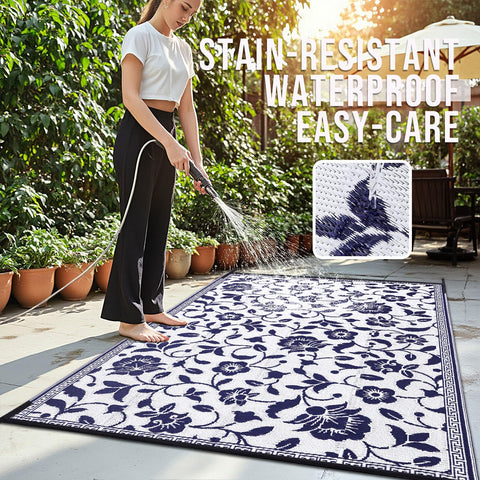 OLANLY UV-protected rug resists sun fading on outdoor decks.