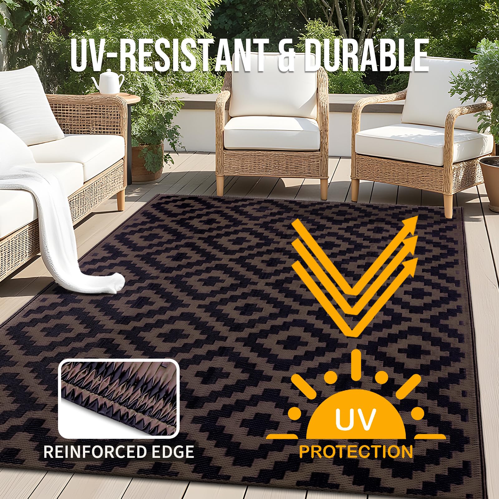 OLANLY UV-protected outdoor rug stays vibrant under sun and weather.