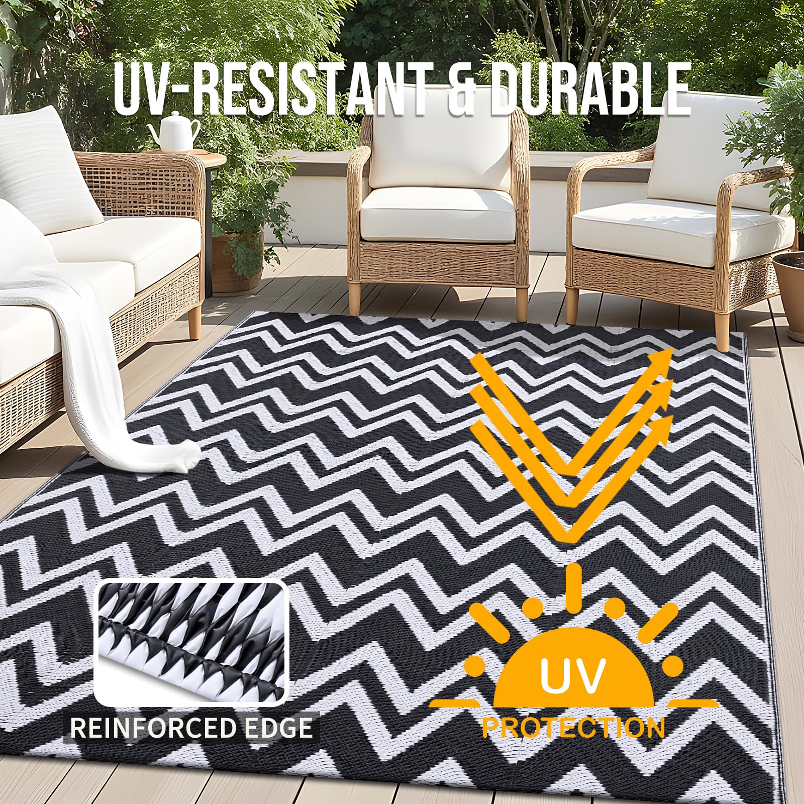 OLANLY UV-stabilized outdoor rug resists fading in bright sun.