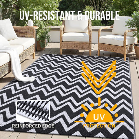 OLANLY UV-stabilized outdoor rug resists fading in bright sun.