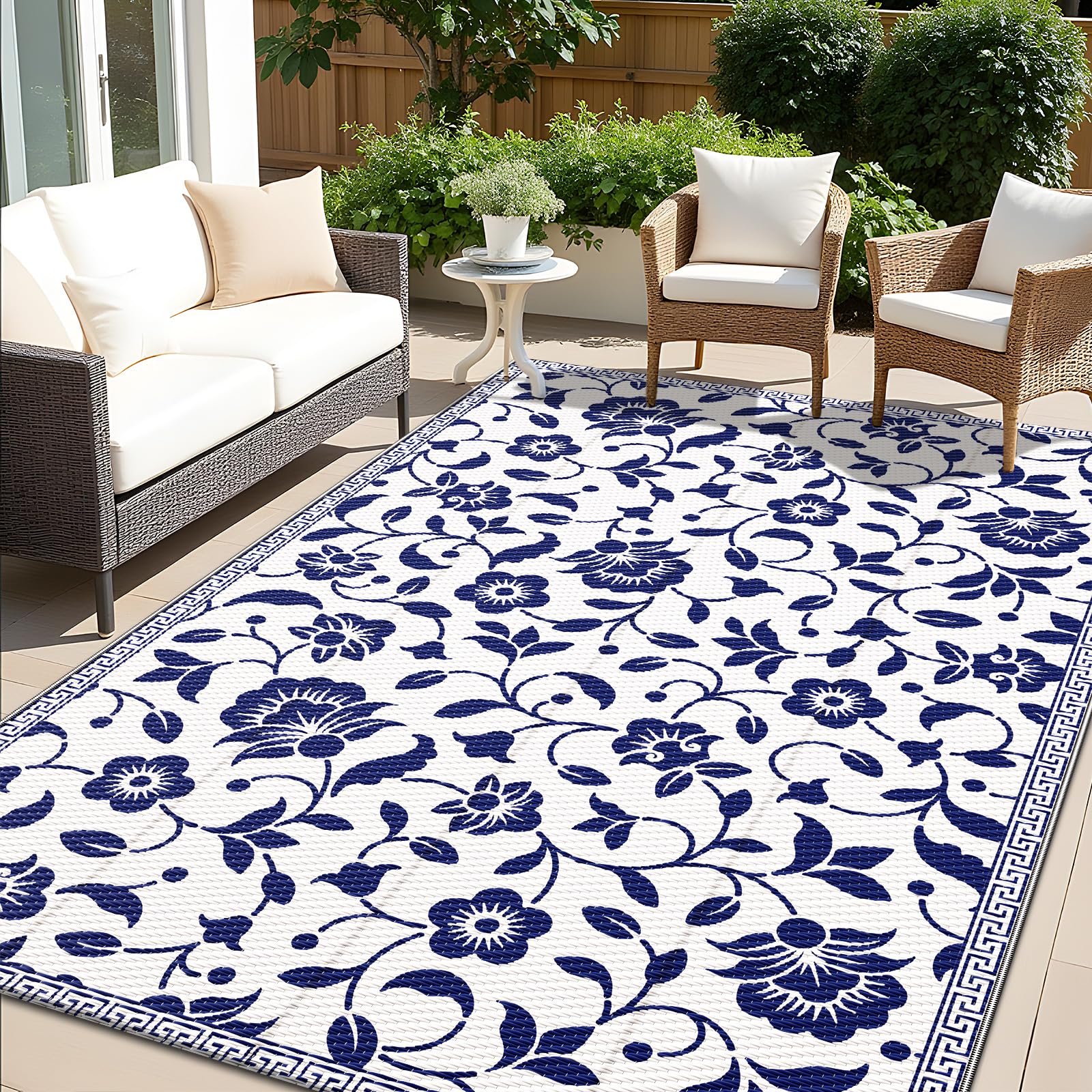 OLANLY waterproof outdoor rug 5x8 with navy floral pattern resists spills.
