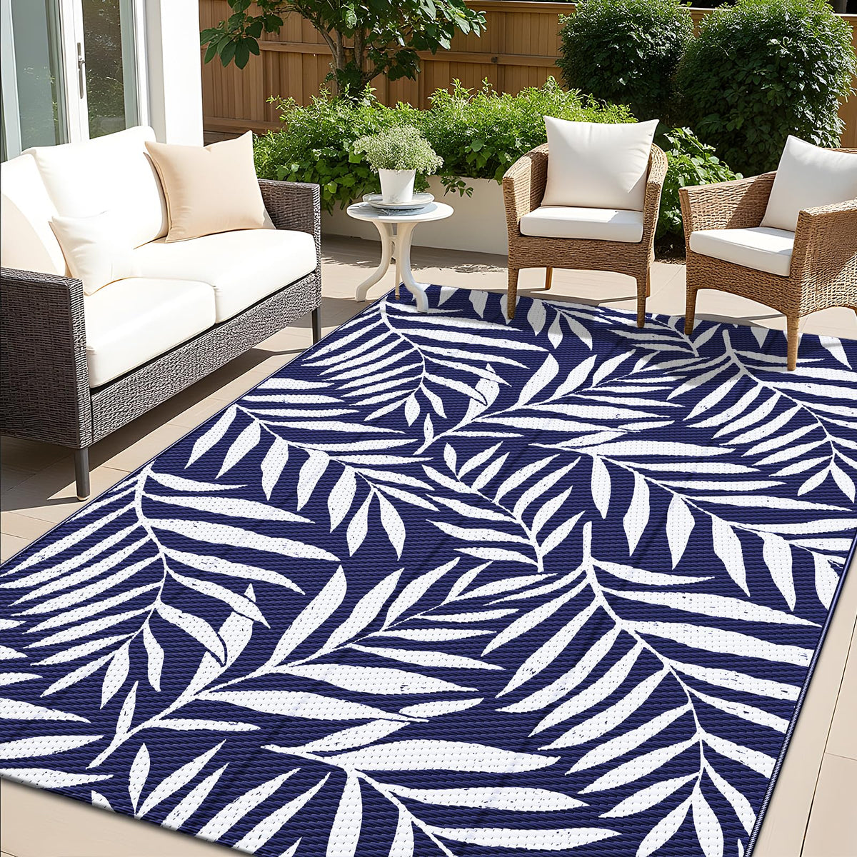 OLANLY waterproof outdoor rug navy-white leaf pattern for patios and decks